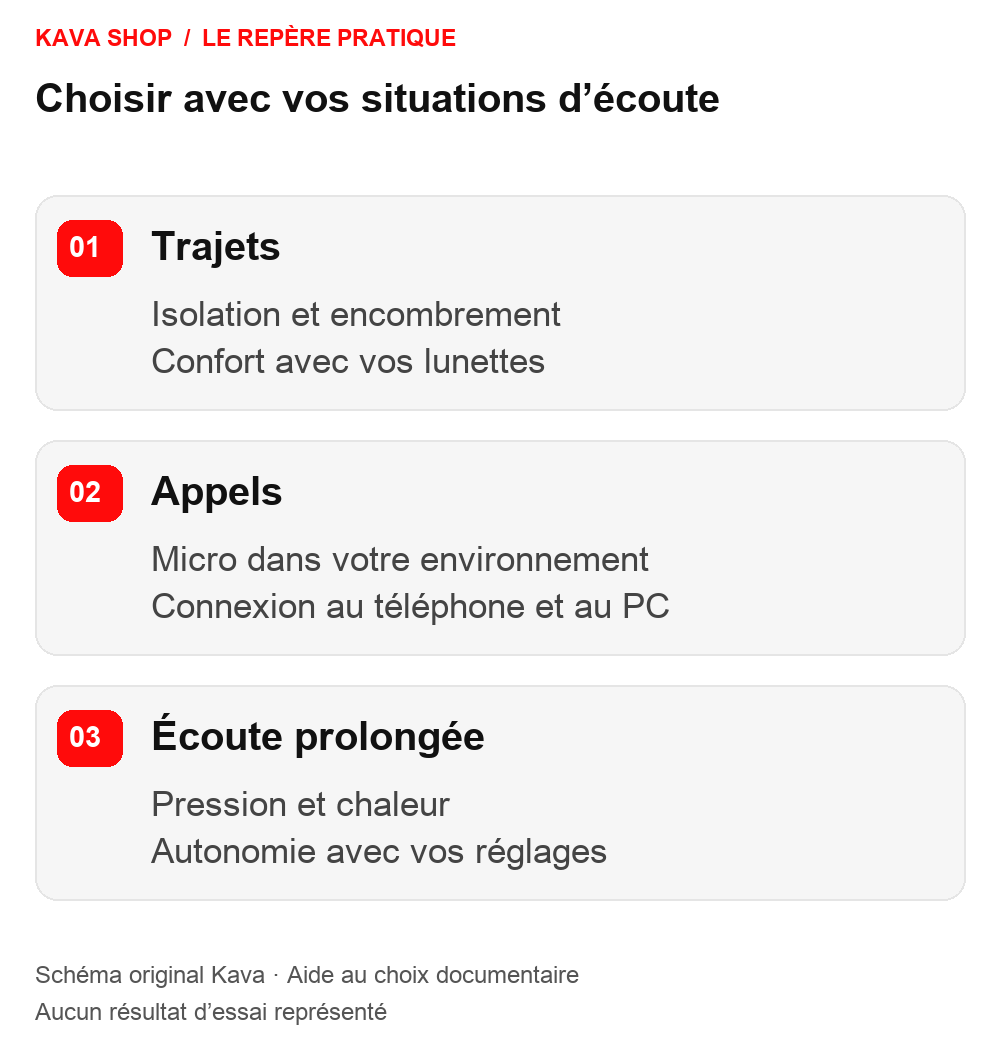 Schéma Kava : Choisir un casque audio : confort, réduction de bruit et connexions